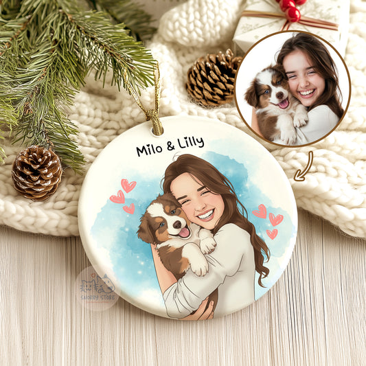 Personalized Pet Cat Dog Watercolor Portrait Ornament, Memorial Gift For Pet Lover