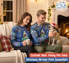 Personalized Pet Christmas All Over Print Sweatshirt, Funny Cat And Dog Photo & Name Sweatshirt, Funny Merry Pawmas Gift For Pet Lovers 2025