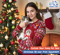 Personalized Pet Christmas All Over Print Sweatshirt, Funny Cat And Dog Photo & Name Sweatshirt, Funny Merry Pawmas Gift For Pet Lovers 2025