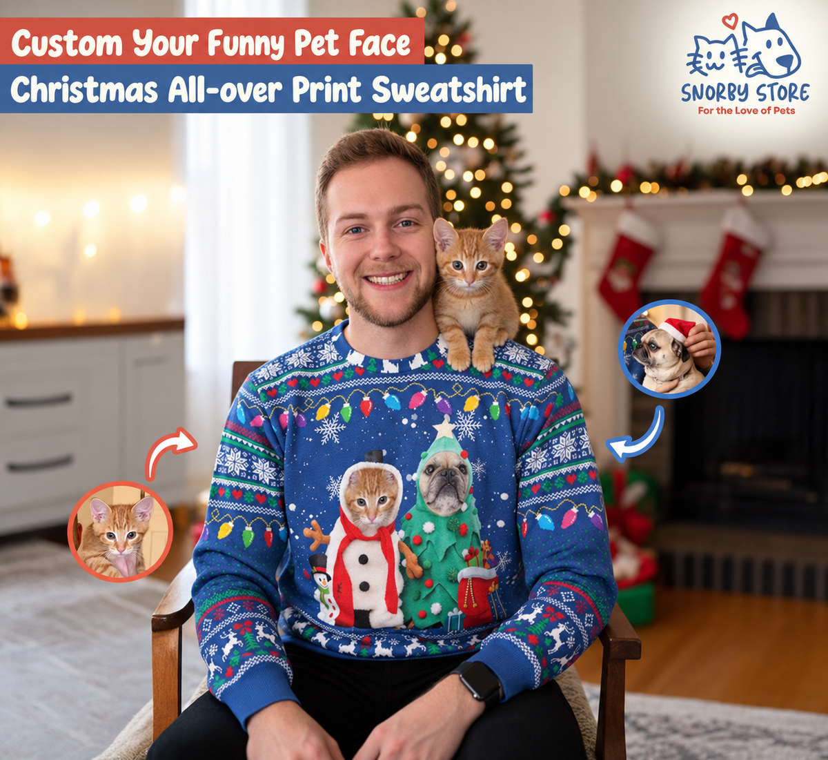 Personalized Pet Christmas All Over Print Sweatshirt, Funny Cat And Dog Photo & Name Sweatshirt, Funny Merry Pawmas Gift For Pet Lovers 2025
